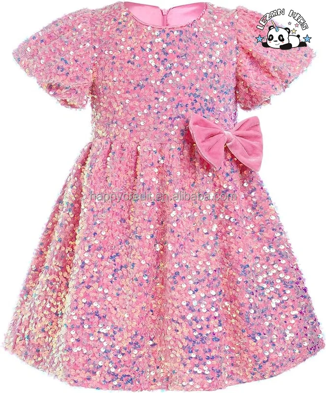 LEZONKIDS - Vestido de Veludo Personalizado para Crianças, Vestidos de Meninas com Lantejoulas, Manga Curta Bufante, Festa de Aniversário, Festa de Fim de Ano, Vestido de Princesa Brilhante
